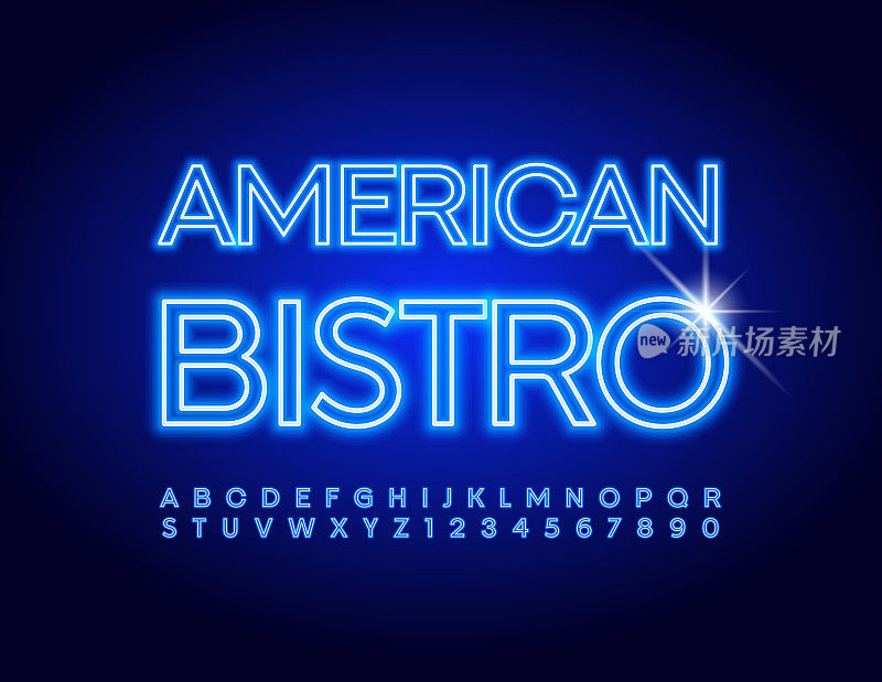 Vector Neon Banner American Bistro。电子字母和数字设置